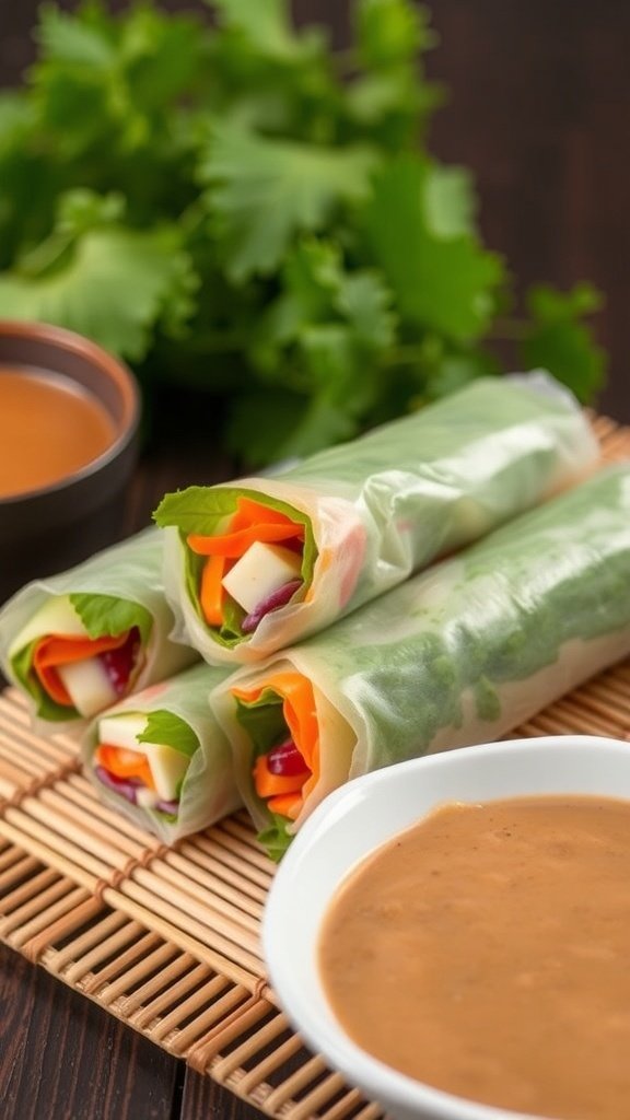 Vegetable spring rolls with peanut sauce on a bamboo mat