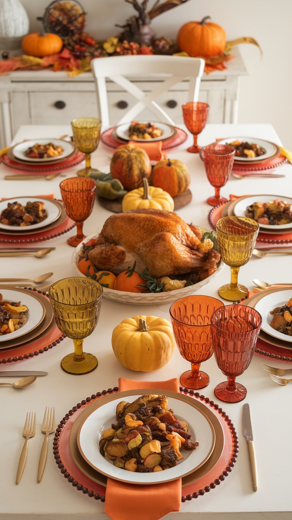 Thanksgiving table set with autumn colors, featuring pumpkins, turkey, and colorful glassware.