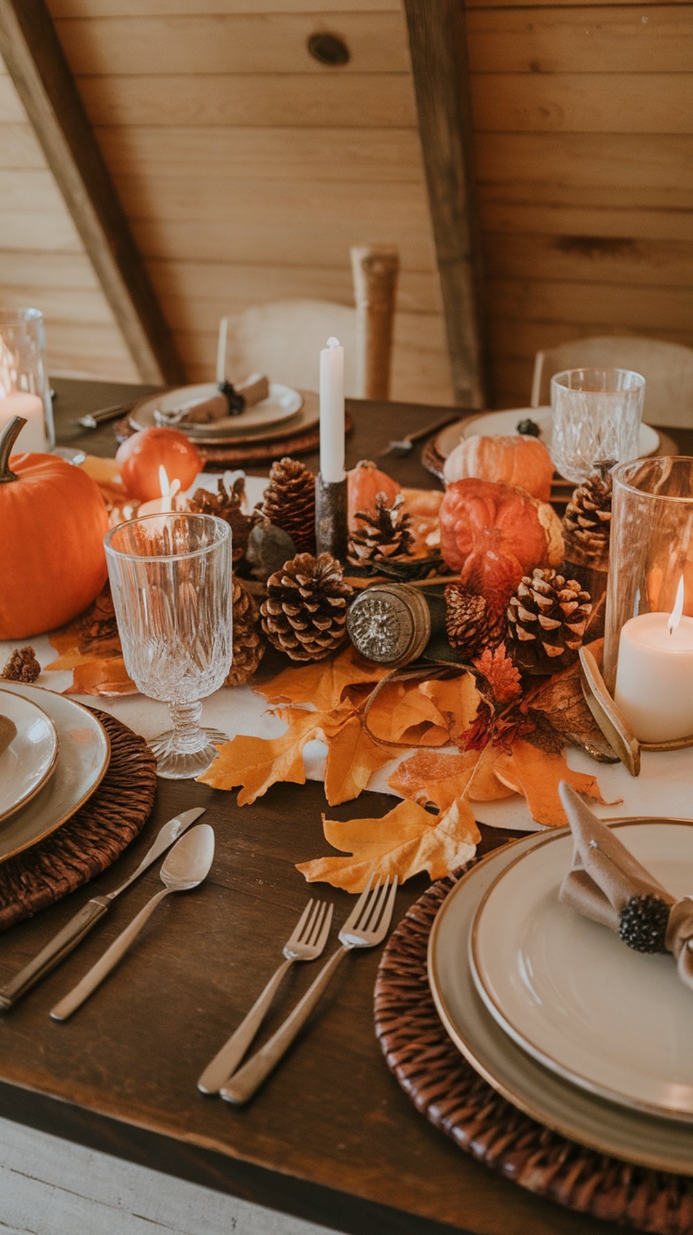 A beautifully set Thanksgiving table featuring pumpkins, pinecones, and autumn leaves.