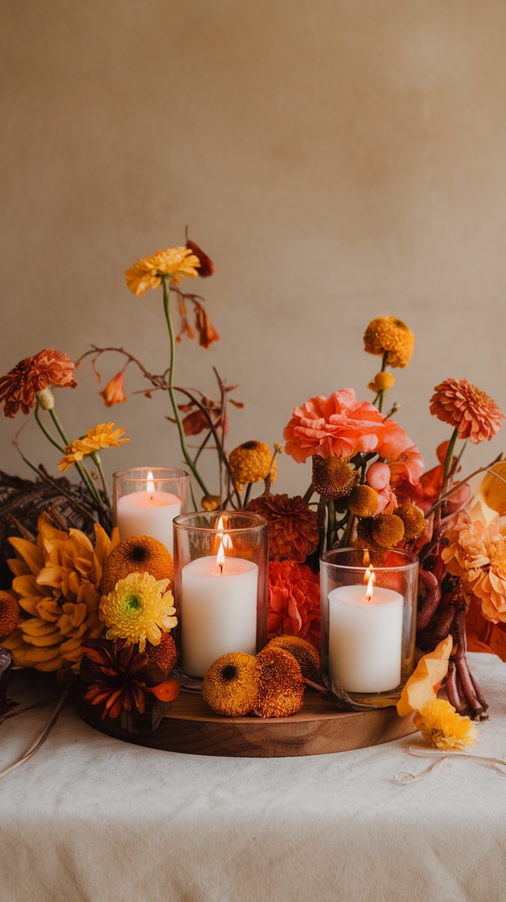 A beautiful Thanksgiving centerpiece featuring colorful flowers and candles.