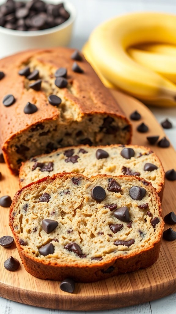 A loaf of chocolate chip banana bread with slices cut, surrounded by bananas and chocolate chips.