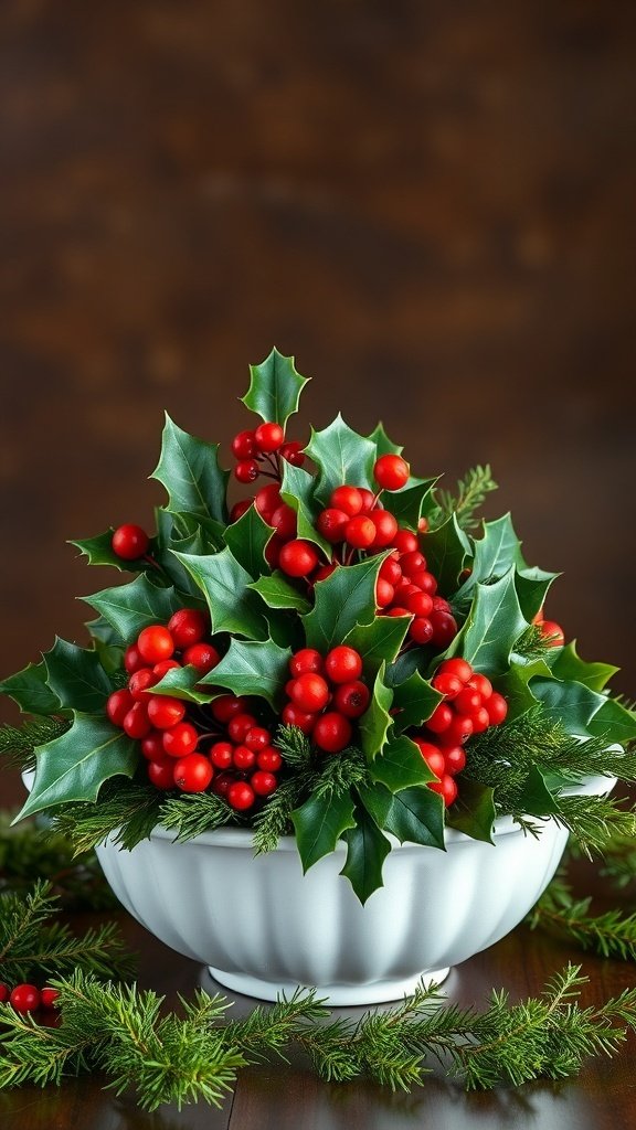 Traditional holly and berry centerpiece in a white bowl