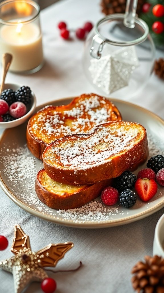A plate of Eggnog French Toast Bake with fresh berries and powdered sugar