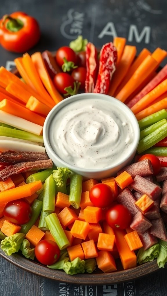A vibrant charcuterie board featuring a variety of colorful vegetables and a creamy dip