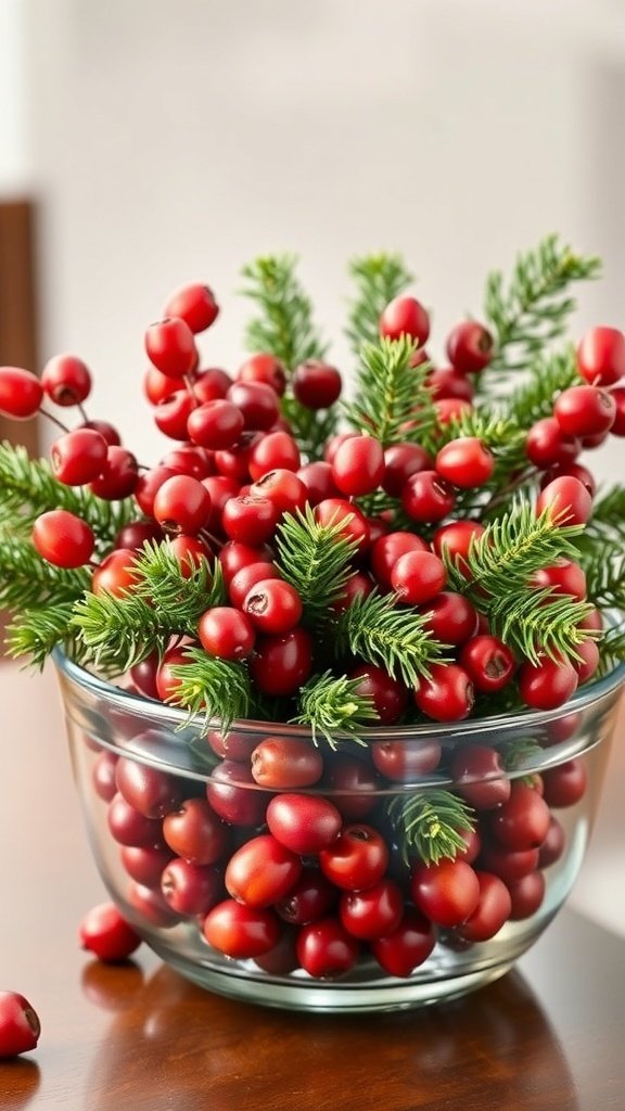 A bowl filled with cranberries and evergreen sprigs, creating a festive centerpiece.