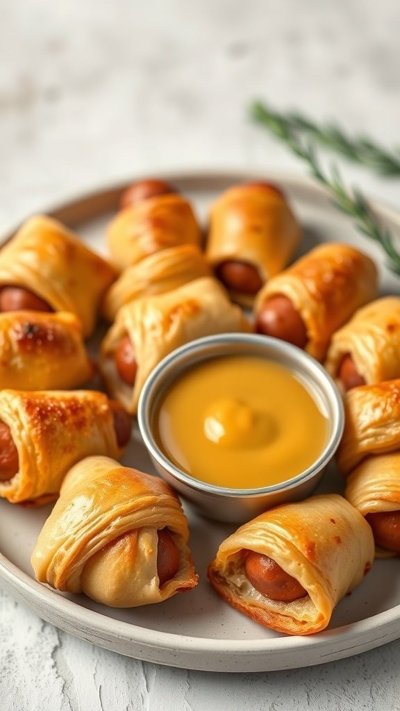 A plate of pigs in a blanket with a mustard dip