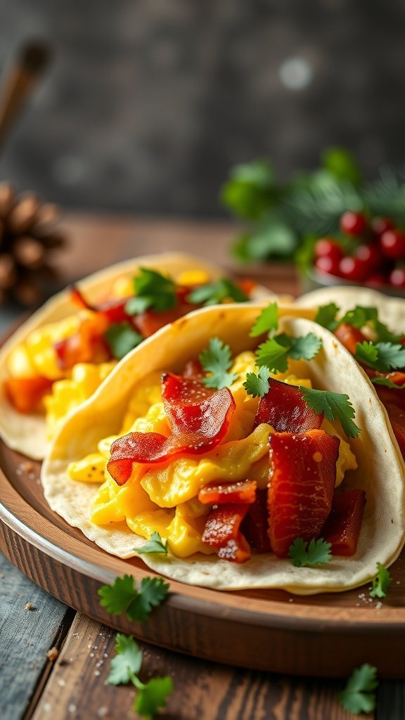 Delicious bacon and egg breakfast tacos on a wooden plate, garnished with cilantro.