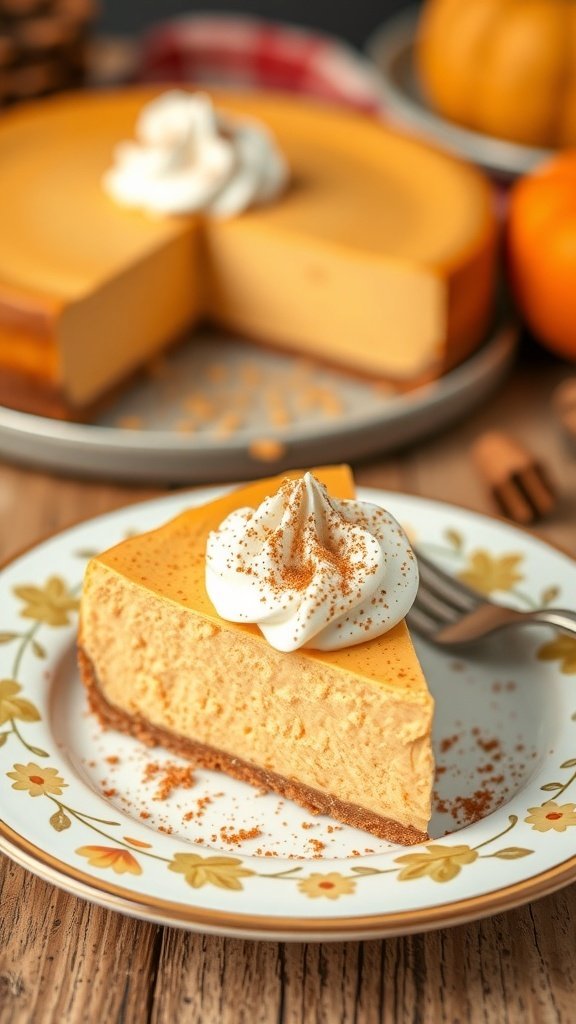 A slice of pumpkin spice keto cheesecake topped with whipped cream and sprinkled with cinnamon, served on a floral plate.