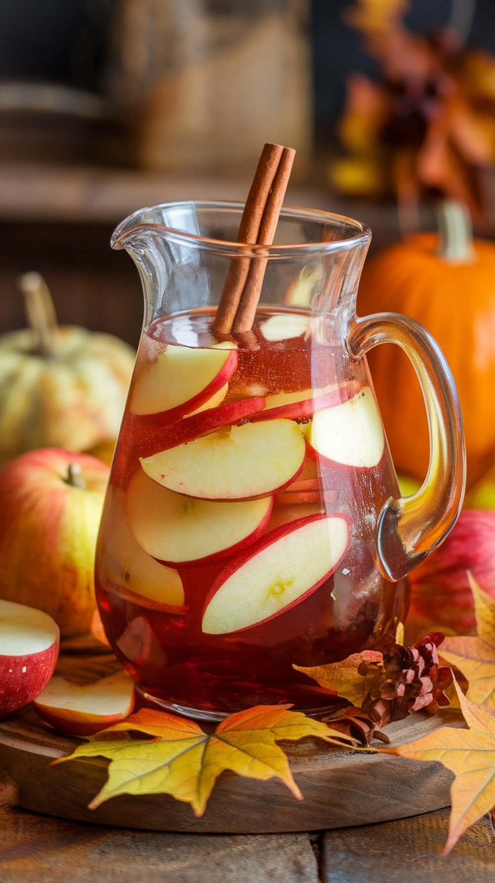 A pitcher of Autumn Apple Sangria with apple slices and a cinnamon stick, surrounded by autumn leaves.