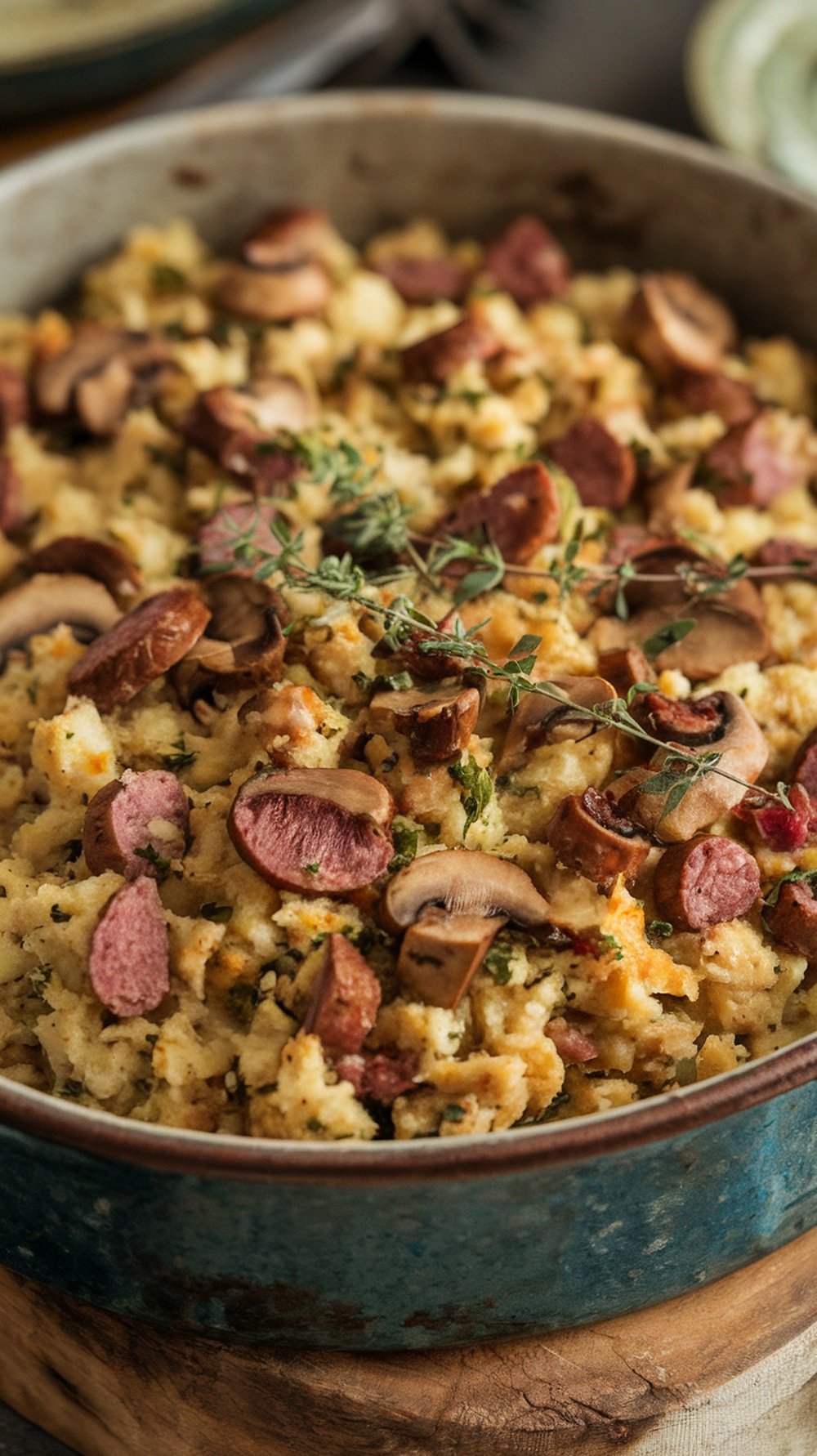 A dish of keto stuffing with sausage and mushrooms, showcasing a mix of ingredients.