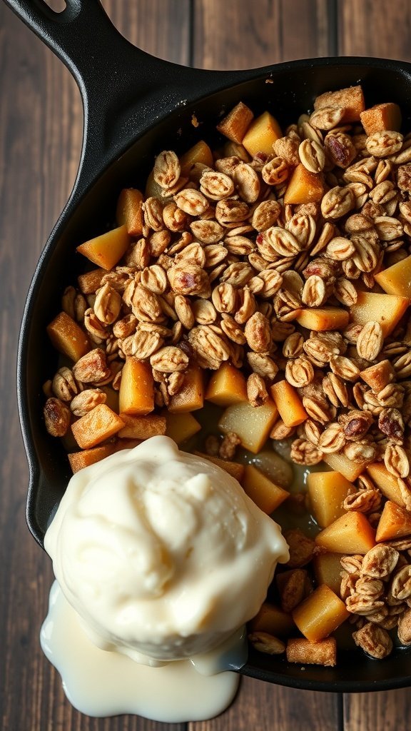 A delicious apple crisp with oat topping served with a scoop of ice cream.