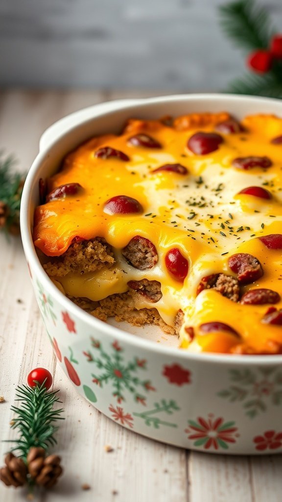 A delicious savory breakfast casserole with sausage, cheese, and herbs, perfect for Christmas breakfast.