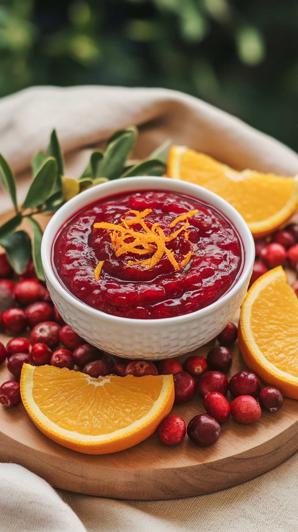 A bowl of sugar-free cranberry sauce surrounded by fresh cranberries and orange slices.