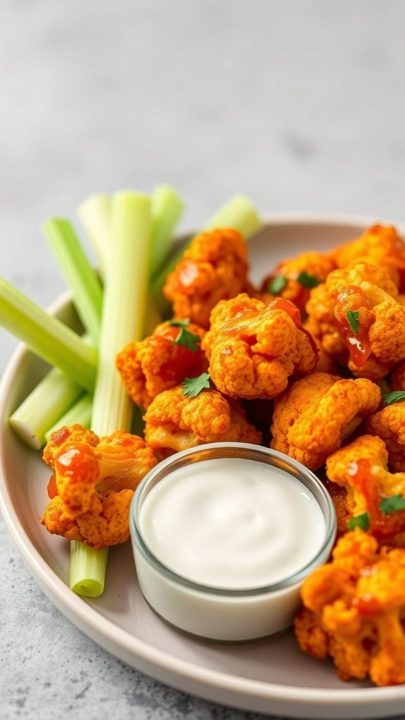 Buffalo cauliflower bites served with ranch dressing and celery sticks.