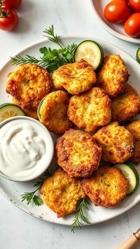 A plate of golden zucchini fritters with a side of yogurt dip, garnished with lemon and fresh herbs.