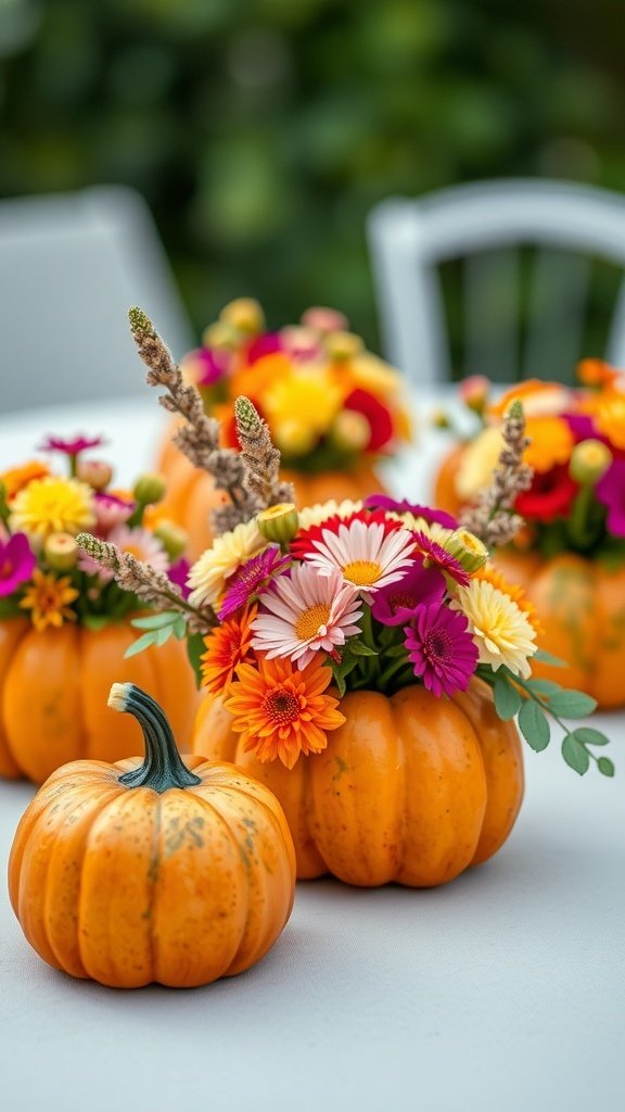 Mini pumpkin floral arrangements with colorful flowers for Thanksgiving