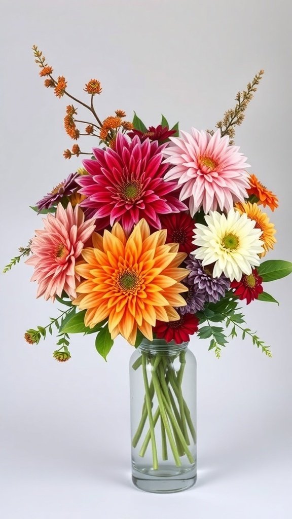 A colorful harvest-inspired mixed bouquet featuring dahlias in various shades.