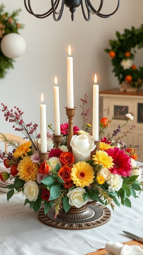 A colorful floral wreath centerpiece with candles, perfect for Thanksgiving.
