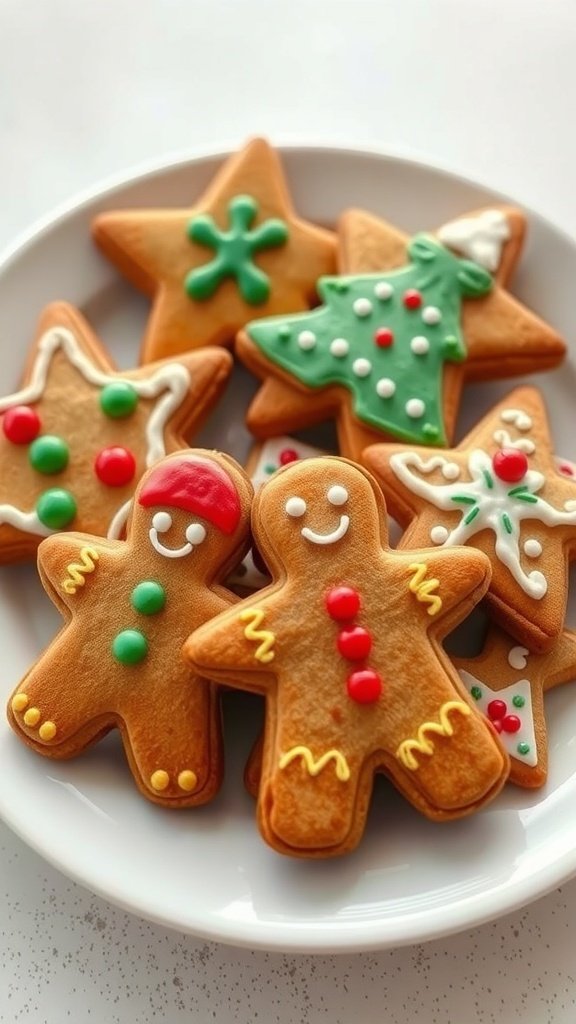 A plate of decorated gingerbread cookies in festive shapes