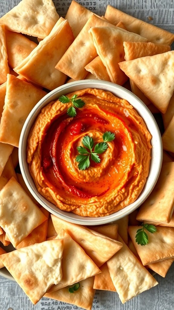 A bowl of roasted red pepper hummus surrounded by crispy pita chips.