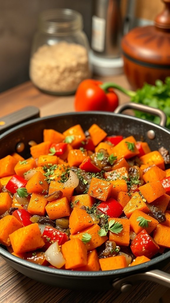 A colorful sweet potato hash with diced sweet potatoes, bell peppers, and onions in a skillet.