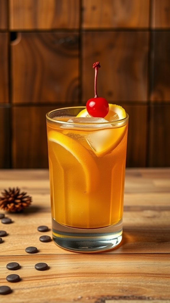 A refreshing Maple Whiskey Sour cocktail garnished with a cherry and lemon slice.