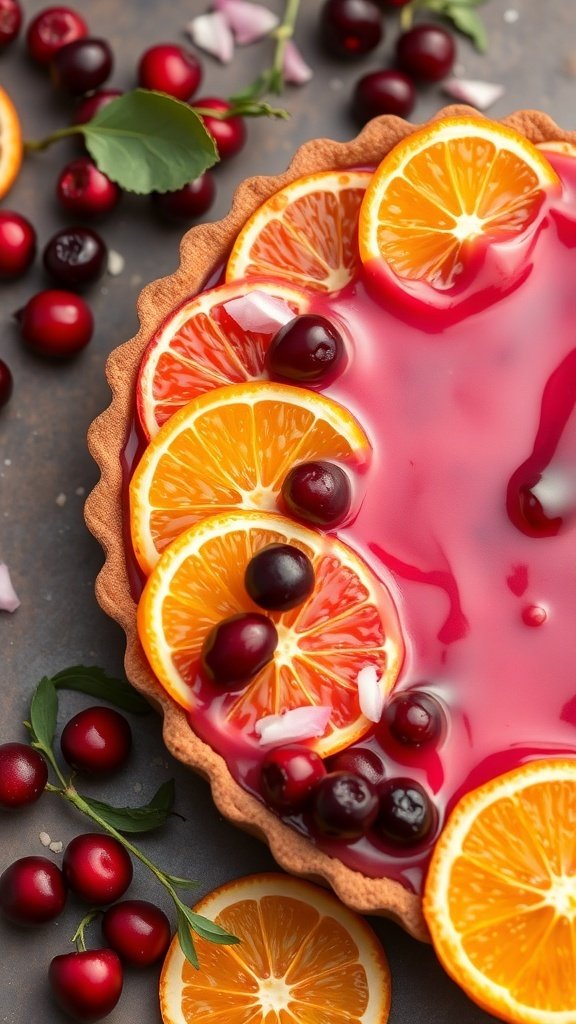 A beautiful cranberry orange tart garnished with orange slices and cranberries.