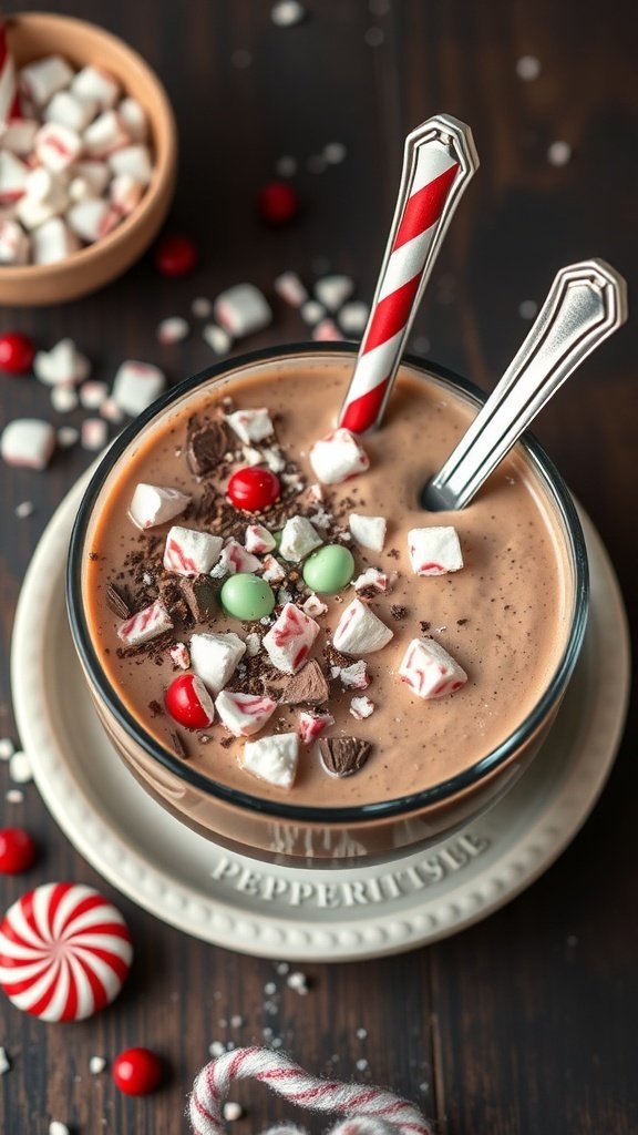 A delicious peppermint mocha smoothie bowl topped with crushed peppermint and chocolate shavings.