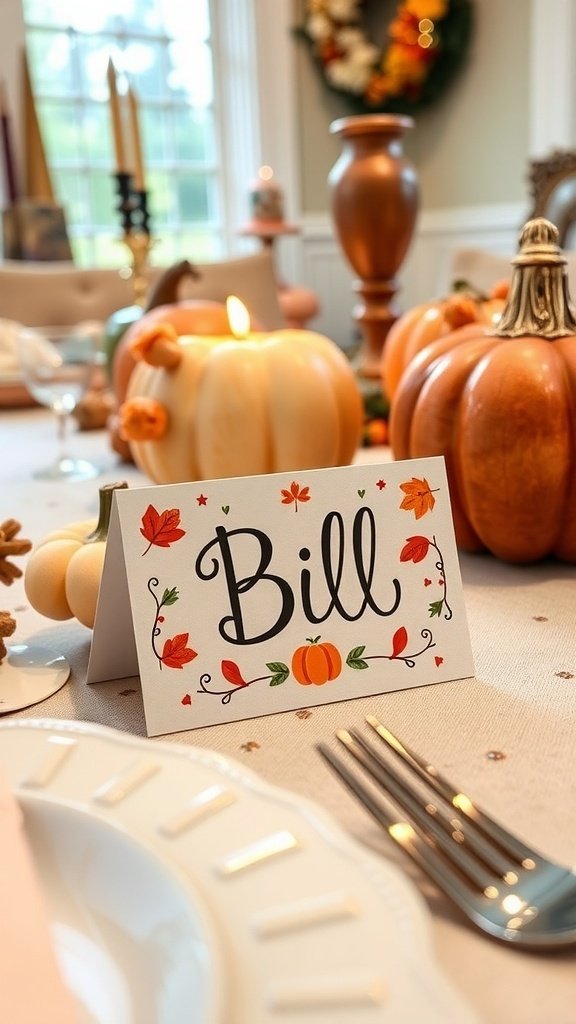 Thanksgiving table setting with creative place cards made from rustic paper and autumn decorations.