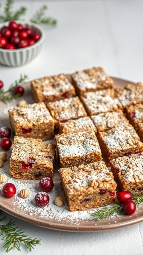 Nutty cranberry oat bars on a plate with cranberries and nuts