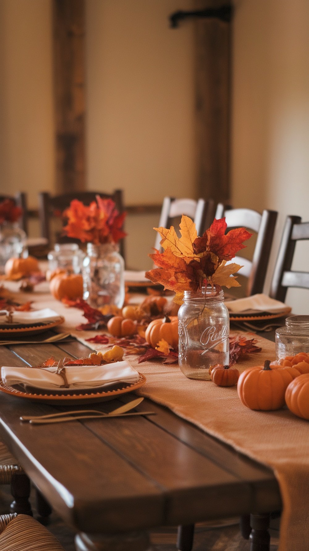 A rustic Thanksgiving table setting with mason jars, pumpkins, and autumn leaves.