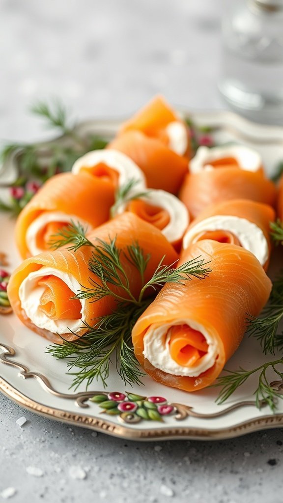 Smoked salmon and cream cheese roll-ups arranged on a decorative plate with dill