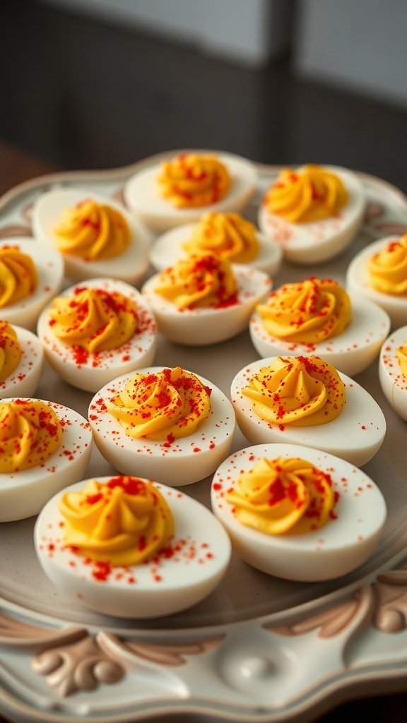 A platter of spicy deviled eggs topped with paprika.