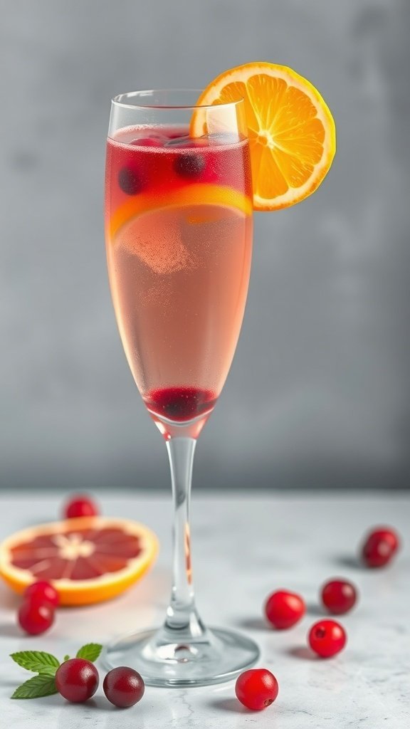 A festive Cranberry Orange Mimosa garnished with fresh cranberries and an orange slice.