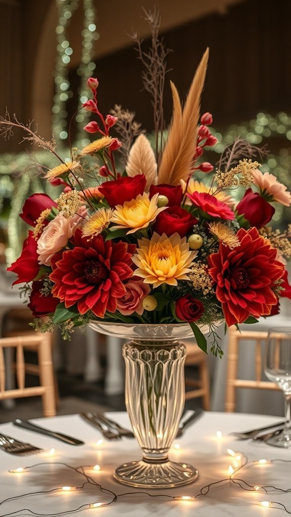 A beautiful floral centerpiece featuring red and gold flowers in a clear vase.