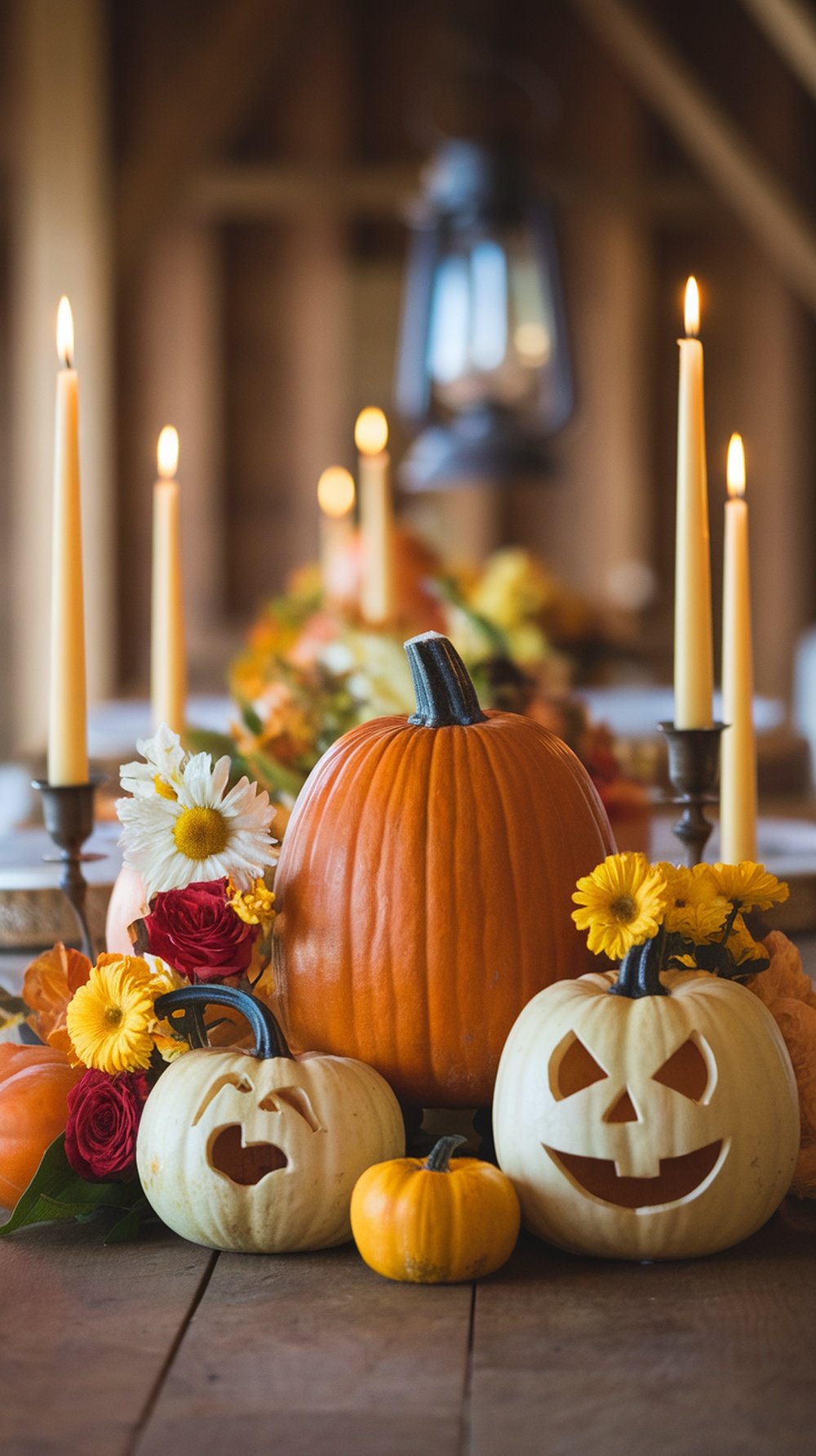 A beautiful Thanksgiving table centerpiece featuring pumpkins, candles, and flowers.