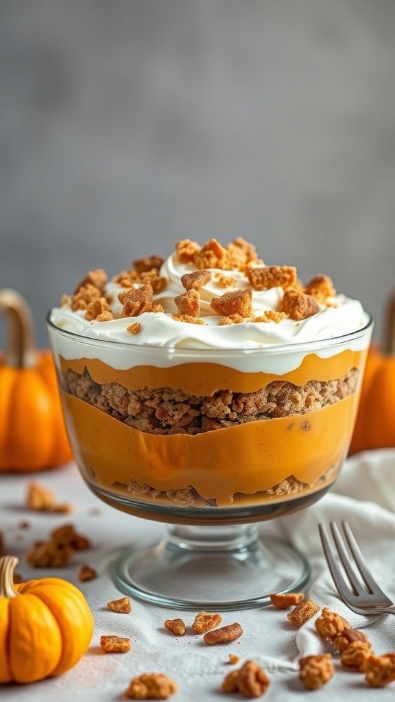 A delicious pumpkin pie trifle with layers of pumpkin filling, whipped cream, and crushed gingersnap cookies.