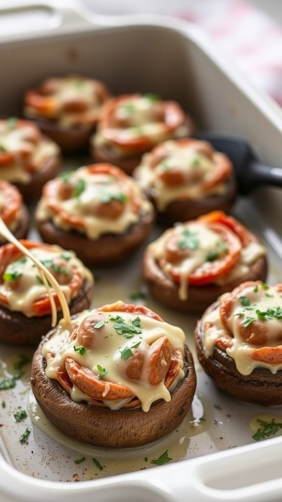 Stuffed mushrooms with sausage and cheese, baked and garnished with parsley.