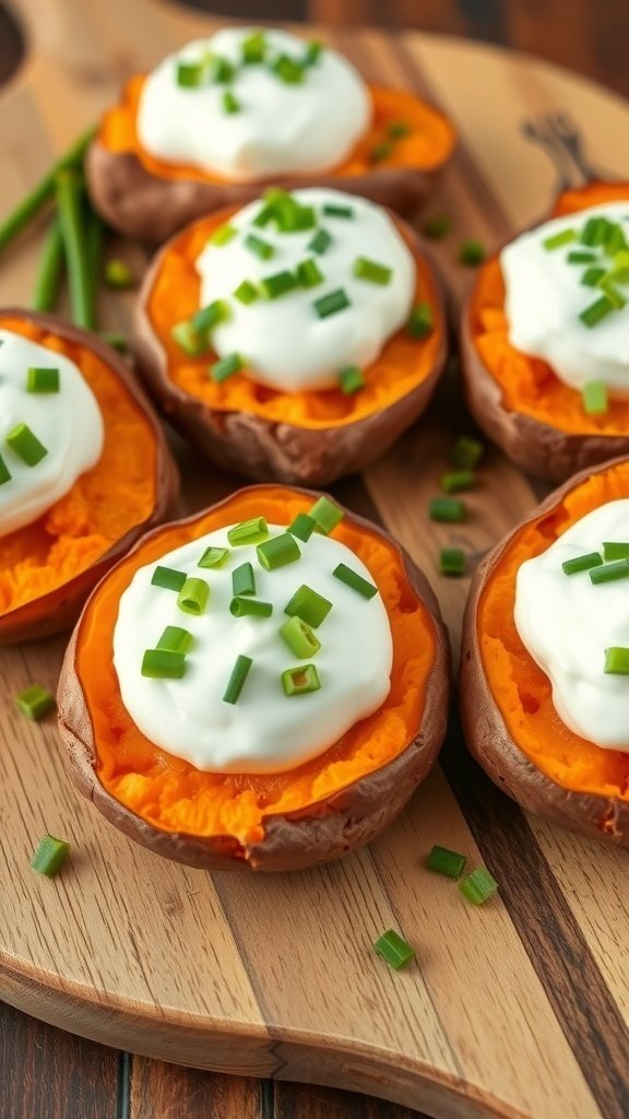 Savory sweet potato rounds topped with sour cream and chives on a wooden platter.