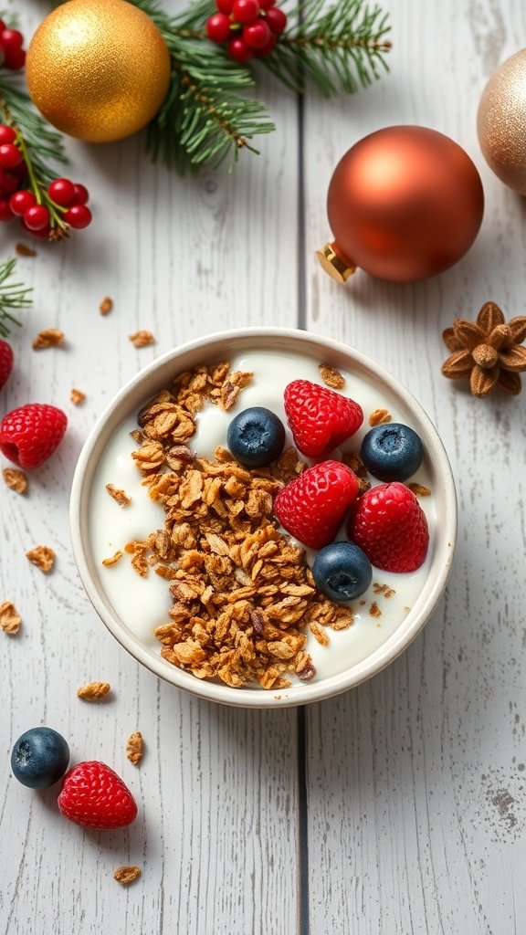 A bowl of yogurt topped with granola and fresh berries, surrounded by Christmas decorations.