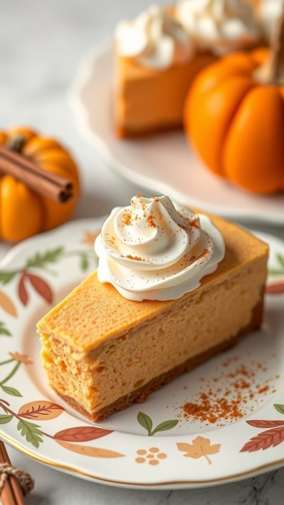 Slice of pumpkin spice cheesecake with whipped cream on a decorative plate