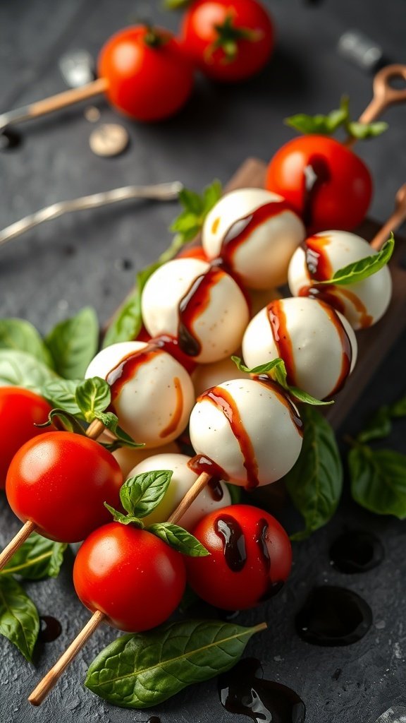 Mini Caprese skewers with cherry tomatoes, mozzarella balls, and basil