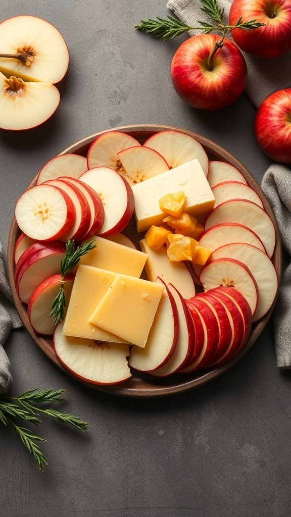 A platter featuring sliced apples and cheddar cheese, garnished with fresh herbs.
