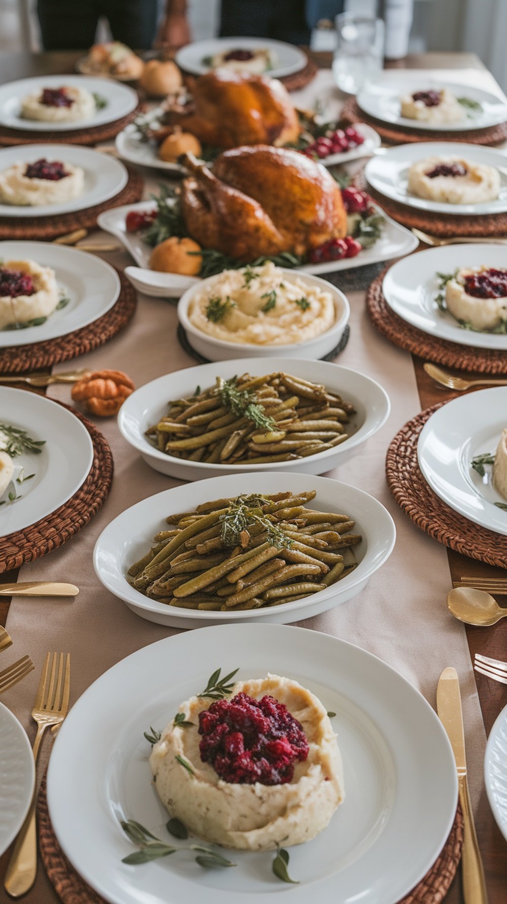 A beautifully arranged Thanksgiving table with turkey, mashed potatoes, green beans, and garnishes.