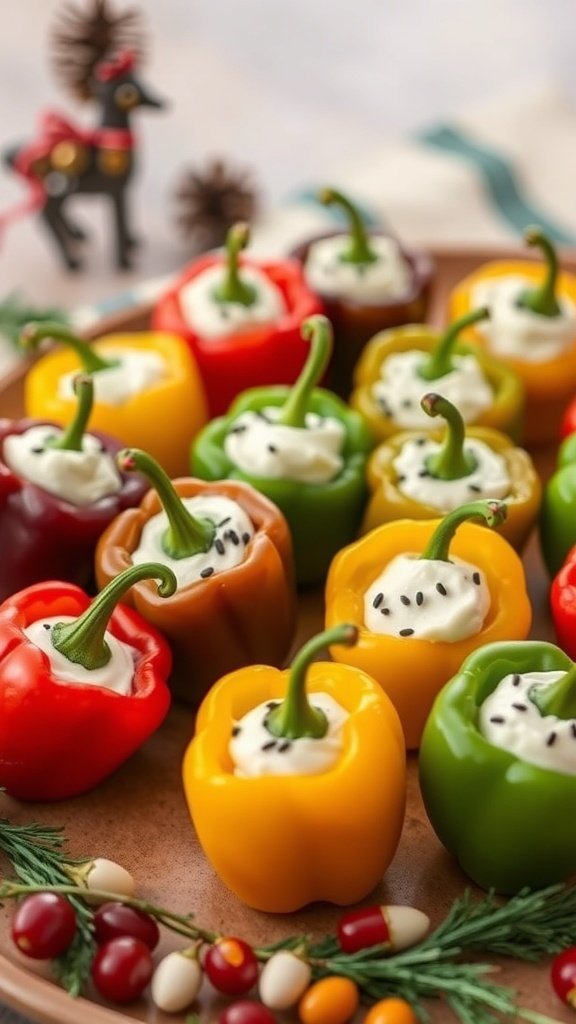 Colorful stuffed mini peppers filled with cream cheese and garnished with sesame seeds on a festive platter.