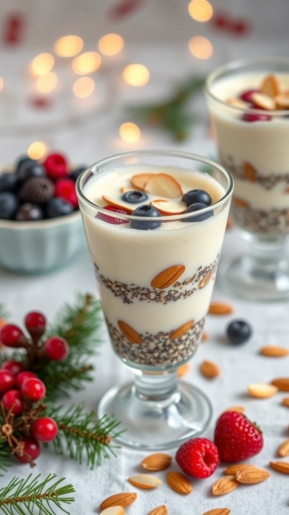 Vanilla almond chia seed pudding served in glasses, topped with berries and almonds, with festive decorations in the background.