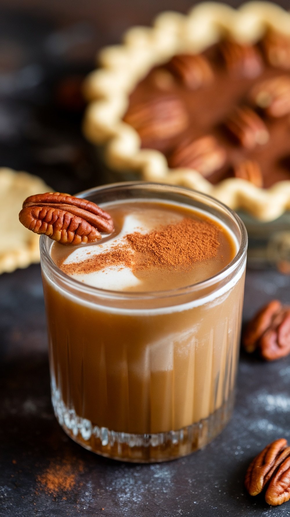 A Pecan Pie Old Fashioned cocktail served in a glass with pecans and a pie in the background.