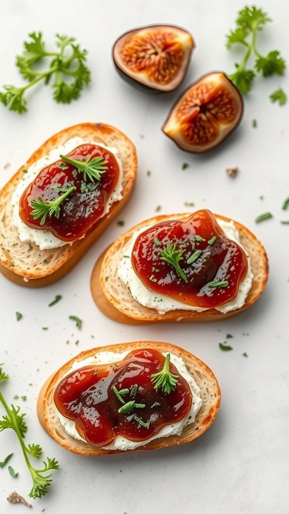 Crostini topped with herbed goat cheese and fig jam, garnished with fresh herbs.