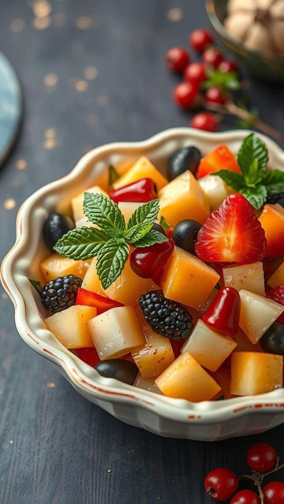A colorful bowl of holiday fruit salad with mint leaves