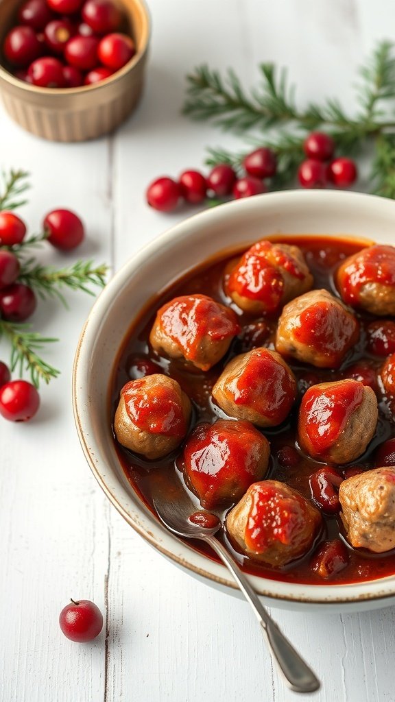 A bowl of mini meatballs in cranberry sauce, surrounded by cranberries and greenery.